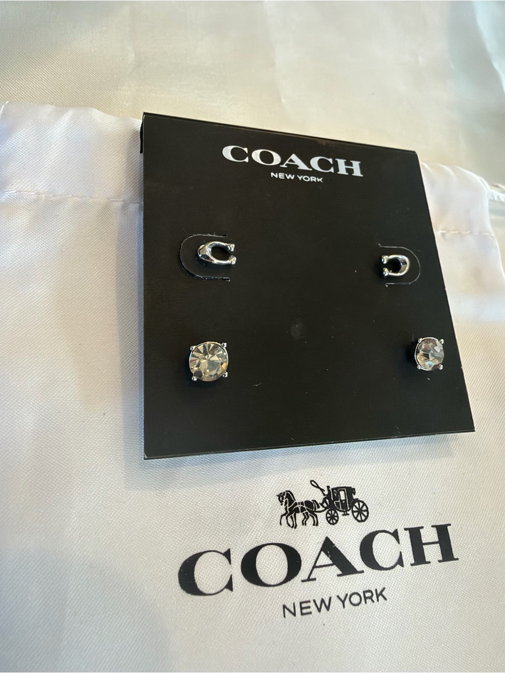 Coach Signature C & Crystal Stone Stud Earrings Set (2 Pairs) – Silver Tone
